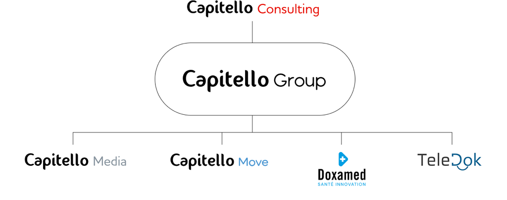 Organisation de Capitello Group : Capitello Consulting, Capitello Media, Capitello Move, Doxamed et Teledok
